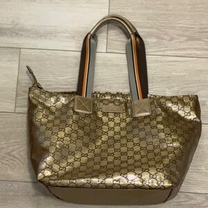 Gucci Gold Monogram Tote with Black and Orange-Striped Handles